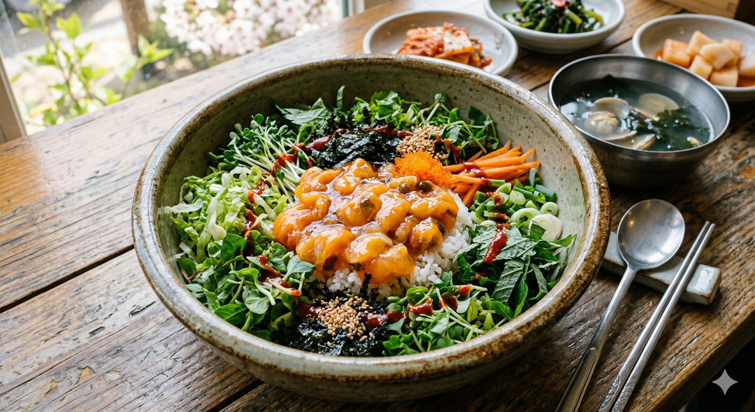 봄 제철 멍게 비빔밥 그릇 사진