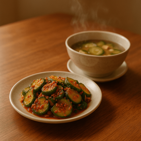 따뜻하게 조리한 오이된장국과 오이무침