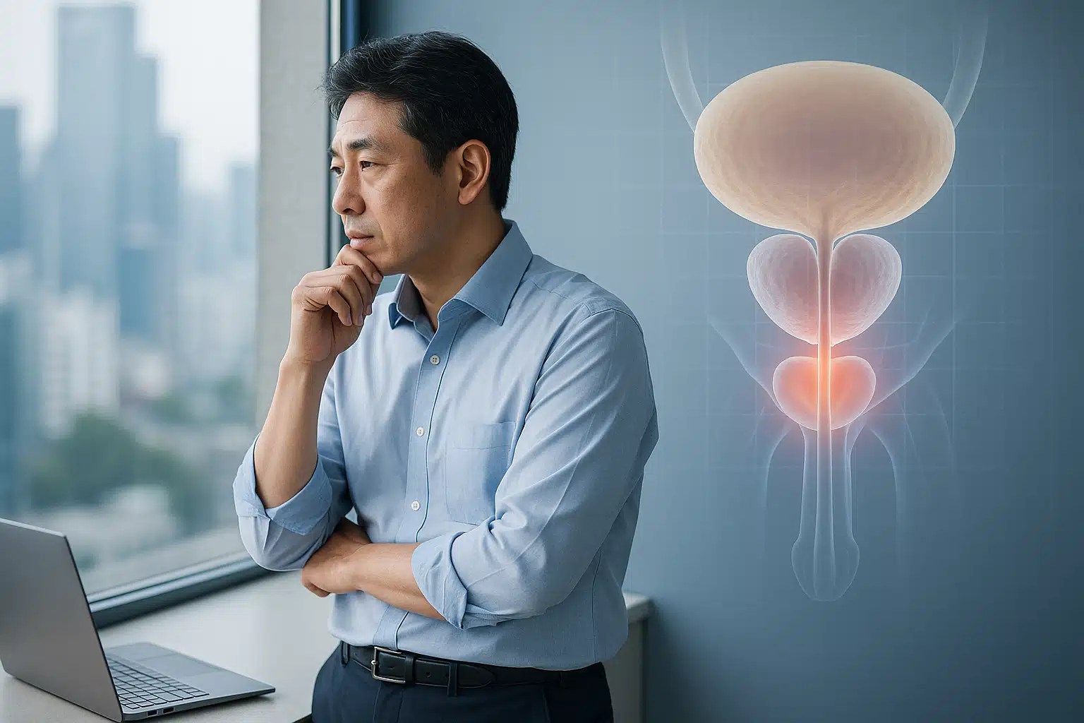 40대 중년 남성이 사무실 창가에서 생각에 잠긴 모습, 전립선 건강을 상징하는 의학 일러스트가 배경에 반투명하게 겹쳐짐, 방광 아래 위치한 전립선 강조