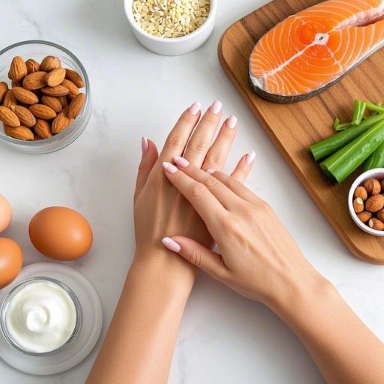 깔끔하고 건강한 손톱을 가진 여성의 손이 다양한 영양제(비오틴, 아연 등)와 천연 보습제, 건강한 식품들(계란, 견과류, 연어 등) 옆에 놓여 있는 모습. 밝고 깨끗한 배경에 전문적이면서도 친근한 건강 관리 이미지