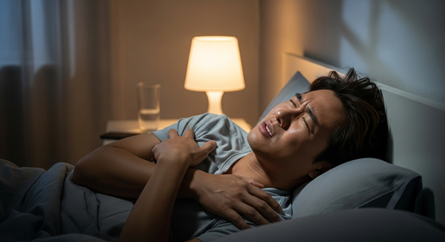 어깨를 움켜쥔 중년 남성