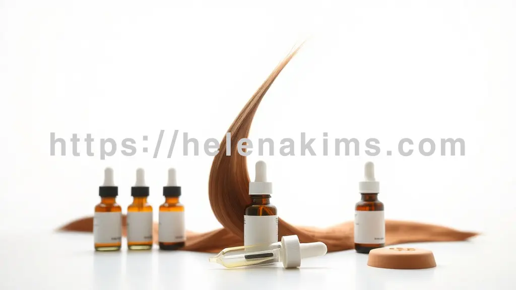 밝고 깨끗한 배경 위, 건강한 모발 한 가닥이 부드러운 빛을 받으며 위로 뻗어가는 모습, 주변에는 작은 약병과 섬세한 두피 관리 도구(스포이드, 미니 마사지기 등)들이 정갈하게 놓여 전문적인 치료와 꾸준한 관리를 암시 하는 이미지.