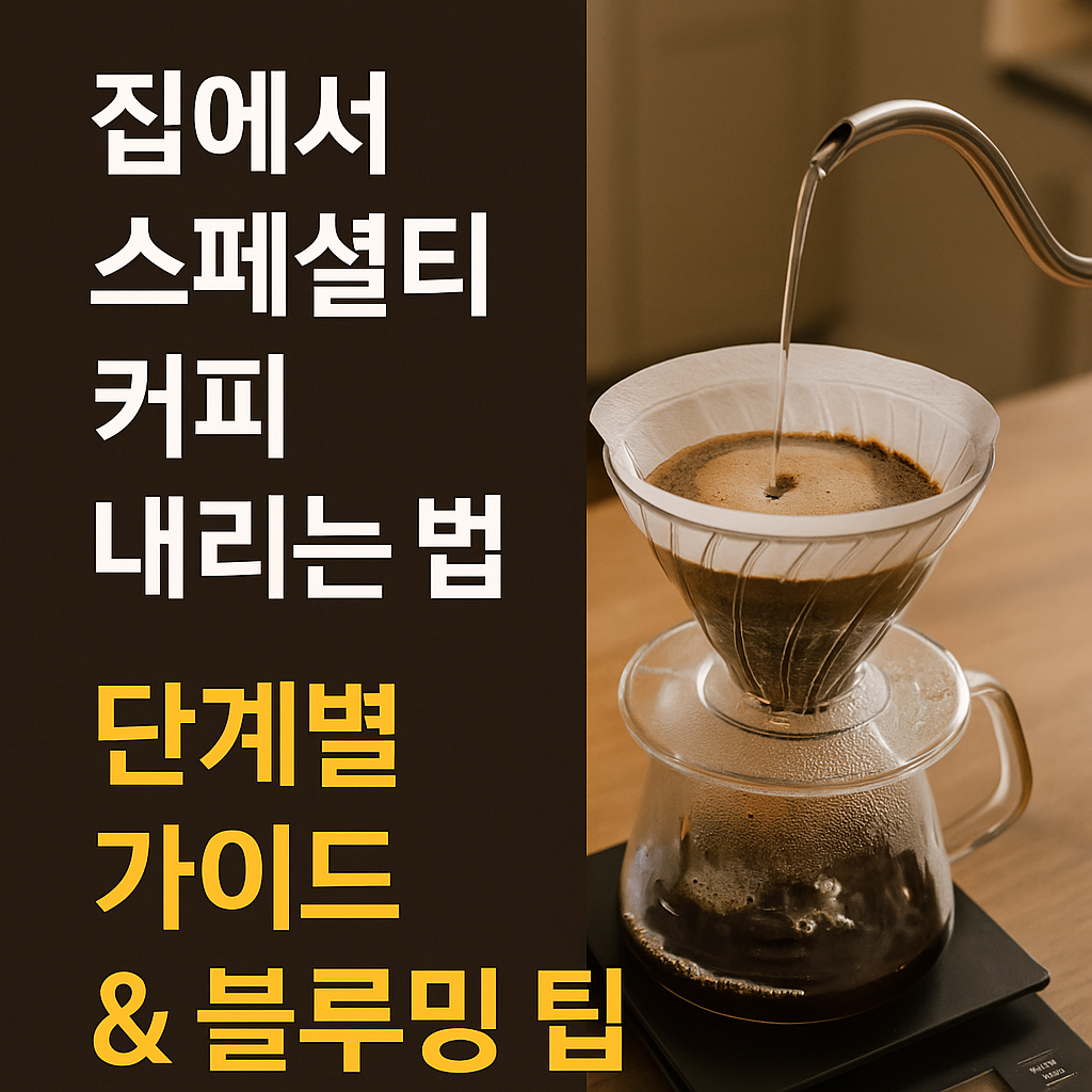 집에서 스페셜티 커피를 핸드드립으로 추출하는 과정 – 드립포트로 천천히 물을 부으며 블루밍이 진행되는 홈카페 실제 모습. 흰색 필터 안에서 커피 원두가 부풀어 오르고 있음