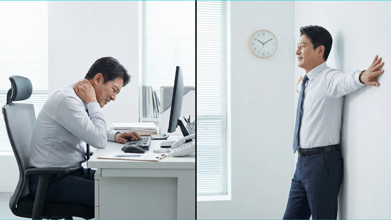 사무실에서 거북목으로 고통받는 50대 직장인이 벽 운동을 통해 바른 자세를 되찾는 모습. 거북목 교정 챌린지.