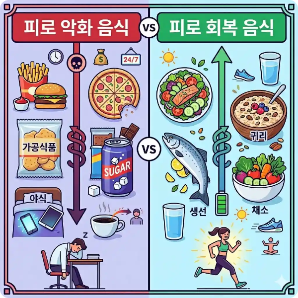 피로 악화 음식 vs 피로 회복 음식 비교