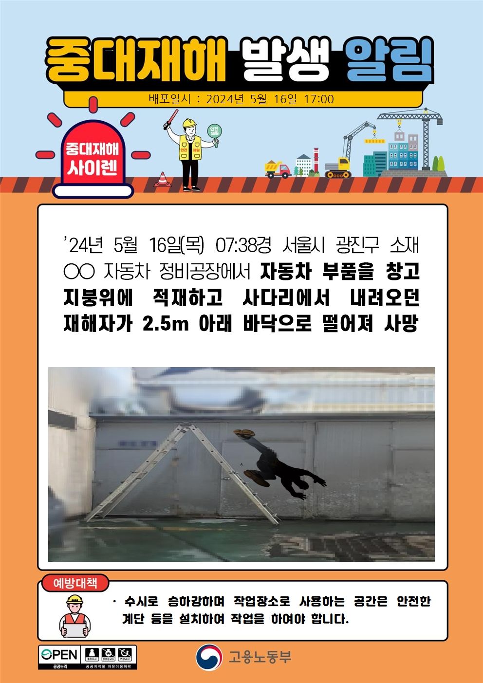 사다리에서 내려오던 중 바닥으로 떨어짐 (2.5m)