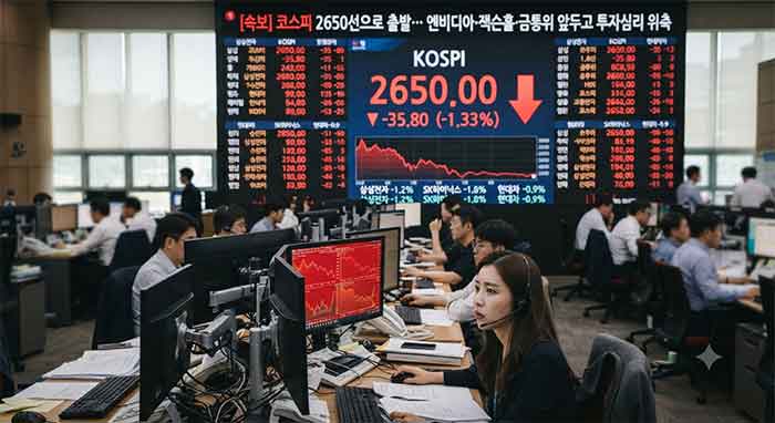 하락세인 코스피 전광판과 증권가 사무실 모습.