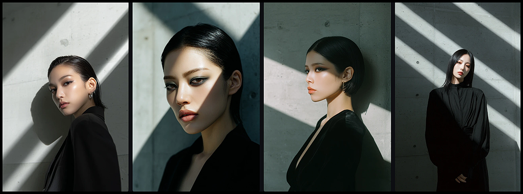 전경 구조물과 그림자를 활용해 인물 중심의 깊이감 있는 패션 에디토리얼 장면_Midjourney