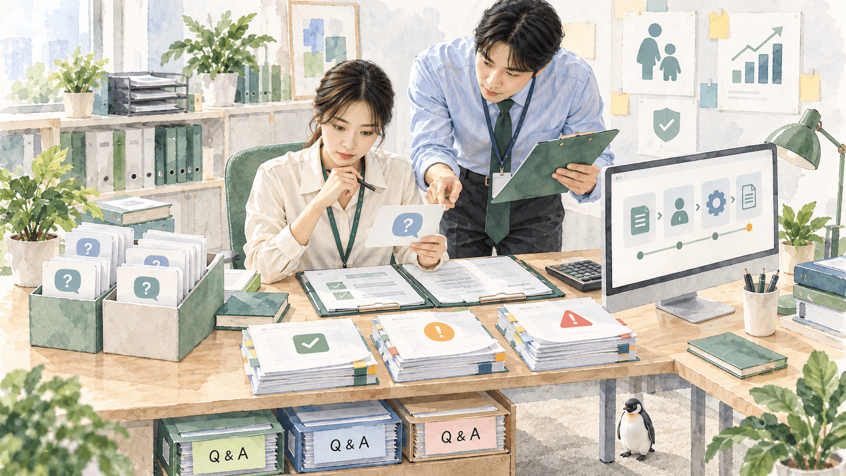 육아휴직 사업주지원금에 관하여 상담사와 대화중인 남자