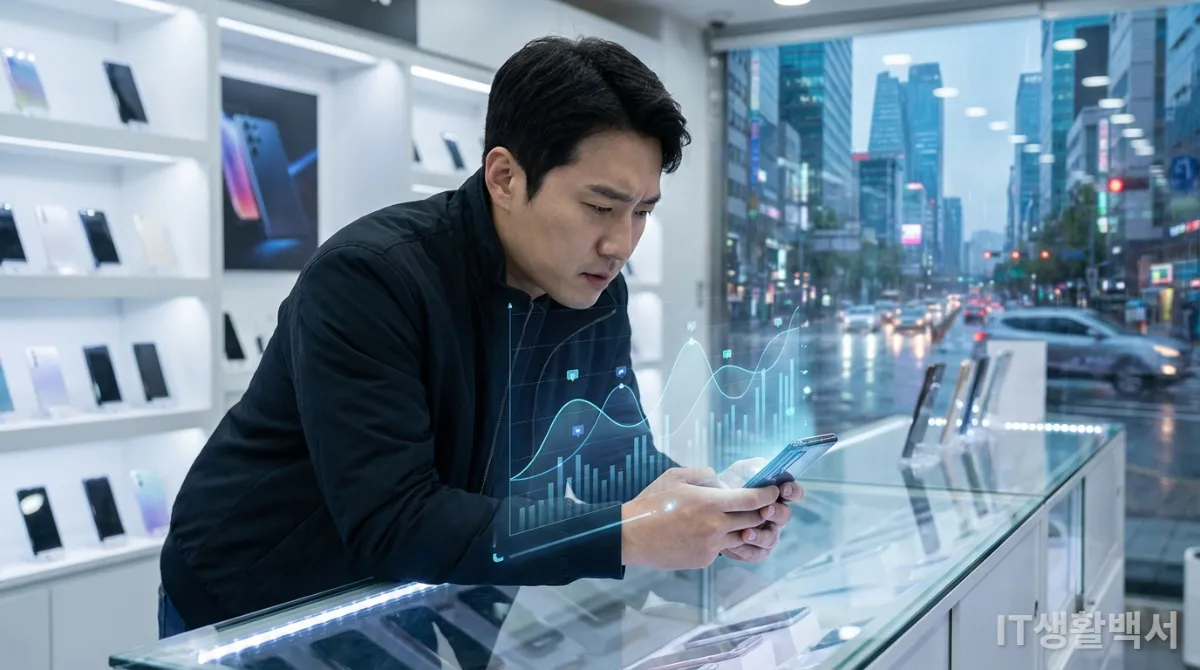 메모리 가격 그래프와 스마트폰을 살펴보는 한국 남성