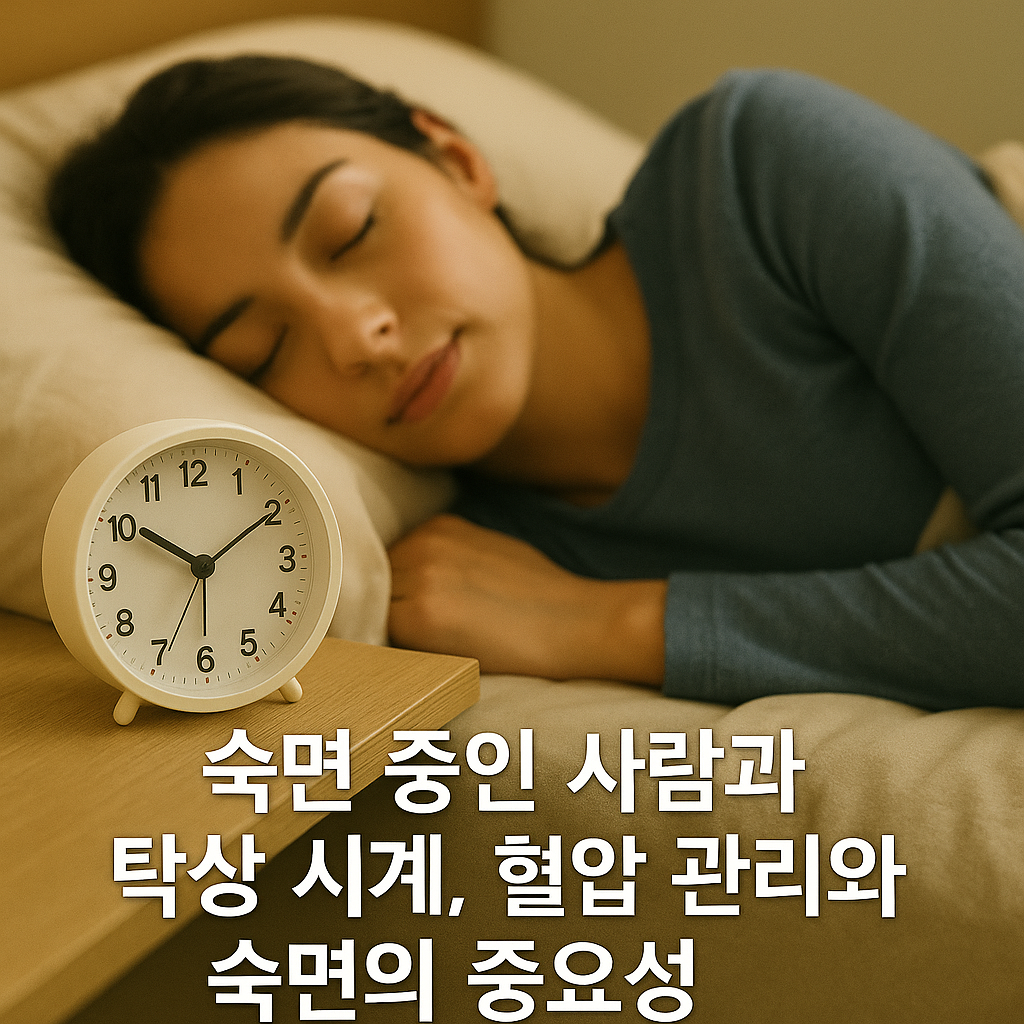 숙면 중인 중년 여성 이미지, 숙면 중인 사람과 탁상 시계, 혈압 관리와 수면의 중요성 문구