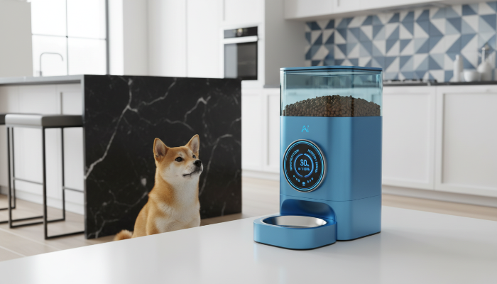 영양 성분 데이터가 표시되는 현대적인 디자인의 AI 스마트 자동 급식기