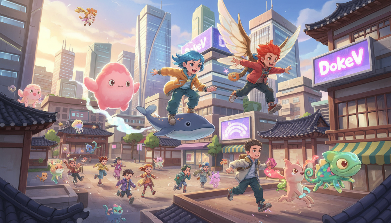 도깨비 캐릭터들이 다채로운 도시를 배경으로 활기차게 모험하는 장면. 게임의 밝고 경쾌한 분위기를 잘 보여줍니다.