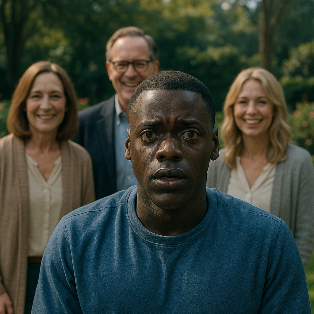 검은 피부를 가진 남성이 두려운 표정으로 앞을 응시하고 있고, 그를 둘러싼 백인들이 웃고 있는 이미지