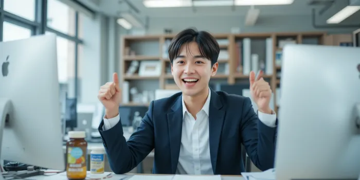 노트북 옆 물잔과 영양제가 놓인 책상 모습