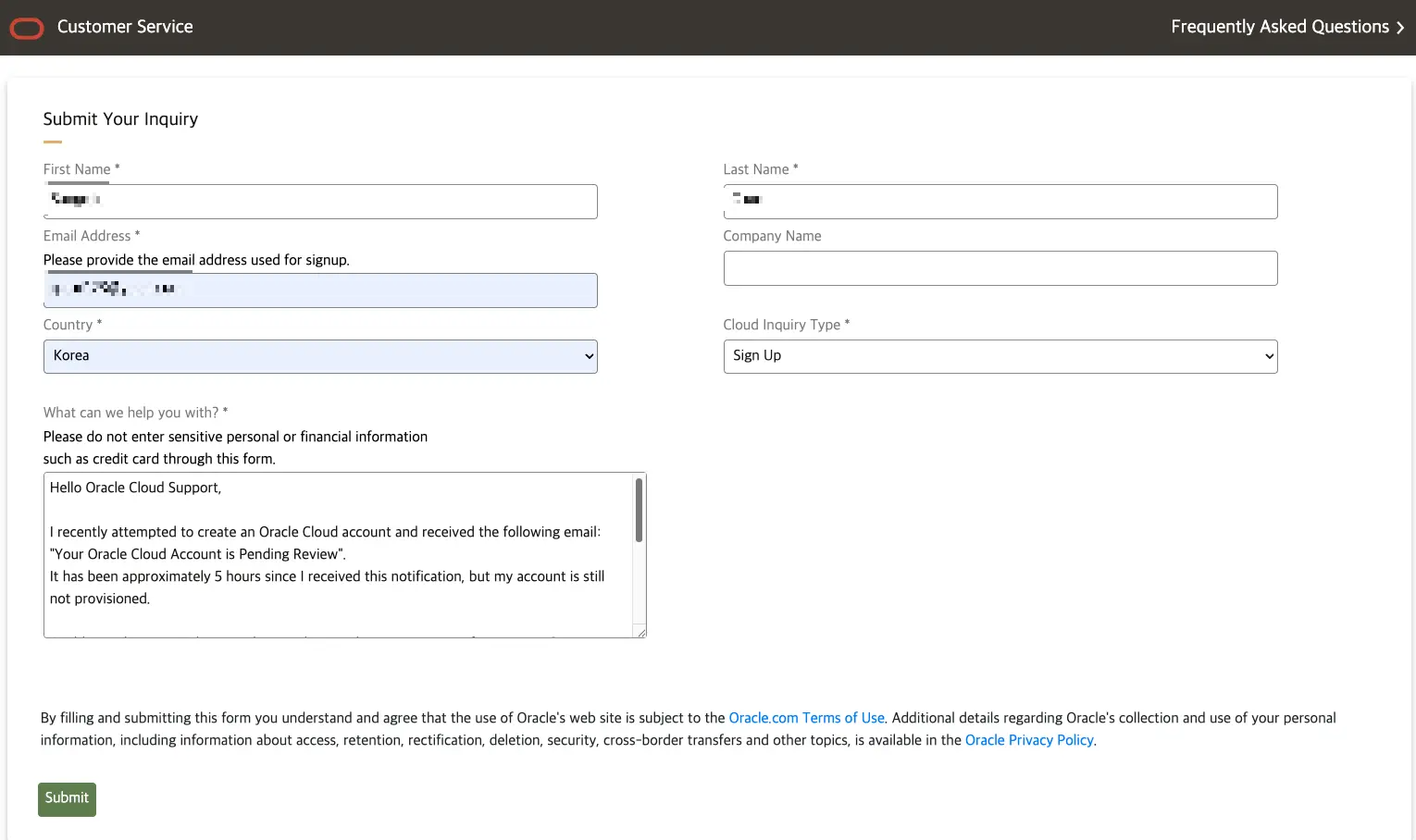 Oracle Cloud Ticket