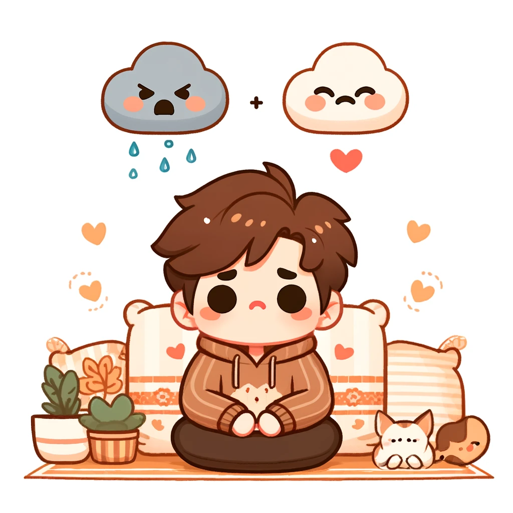 귀여운 남자 아이 위에 분노의 구름이 있는 일러스트 그림