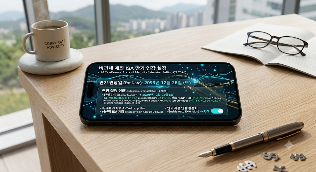 월요일 오전 오피스 데스크 위 스마트폰 화면에 찍힌 증권사 앱 ISA 계약 기간 2099년 12월 만기 연장 신청 및 해외 지수 9.9% 분리과세 사수 대조 차트