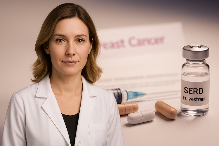 SERD 주사제 Fulvestrant와 캡슐형 항호르몬제가 함께 놓인 유방암 치료 이미지