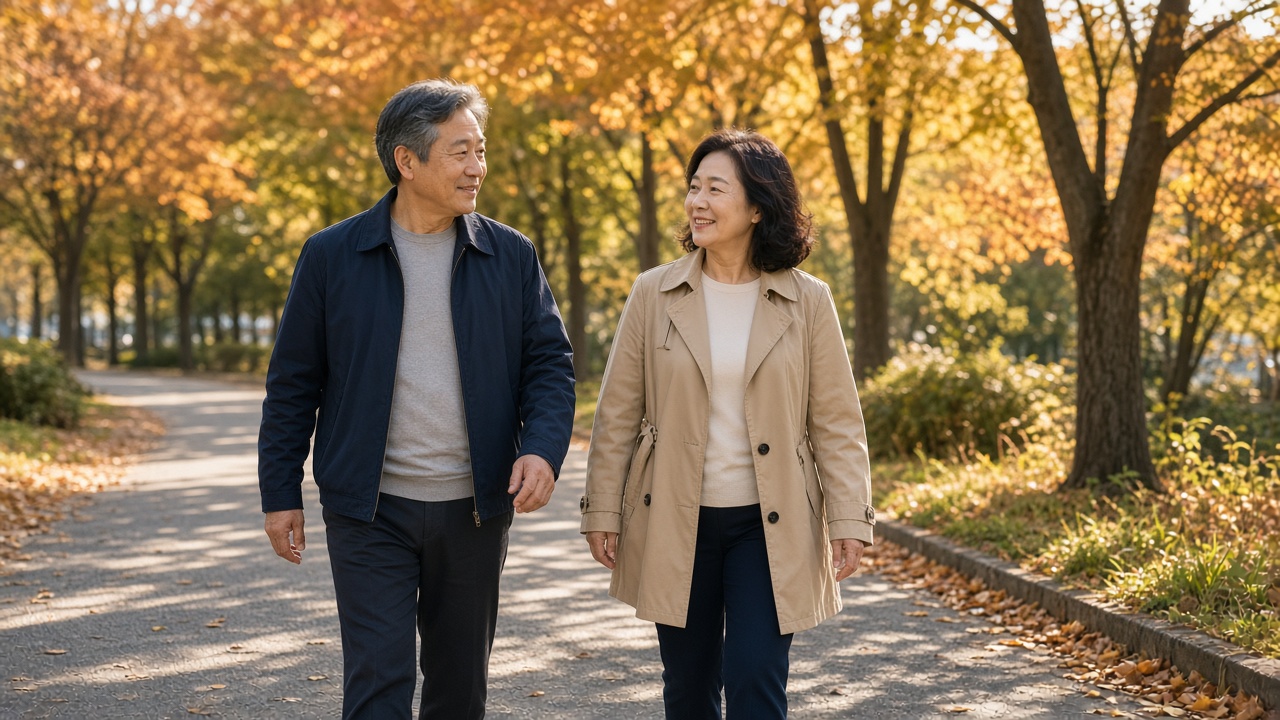 해가 뜬 공원 산책로에서 가볍게 걷는 50대 한국인 부부