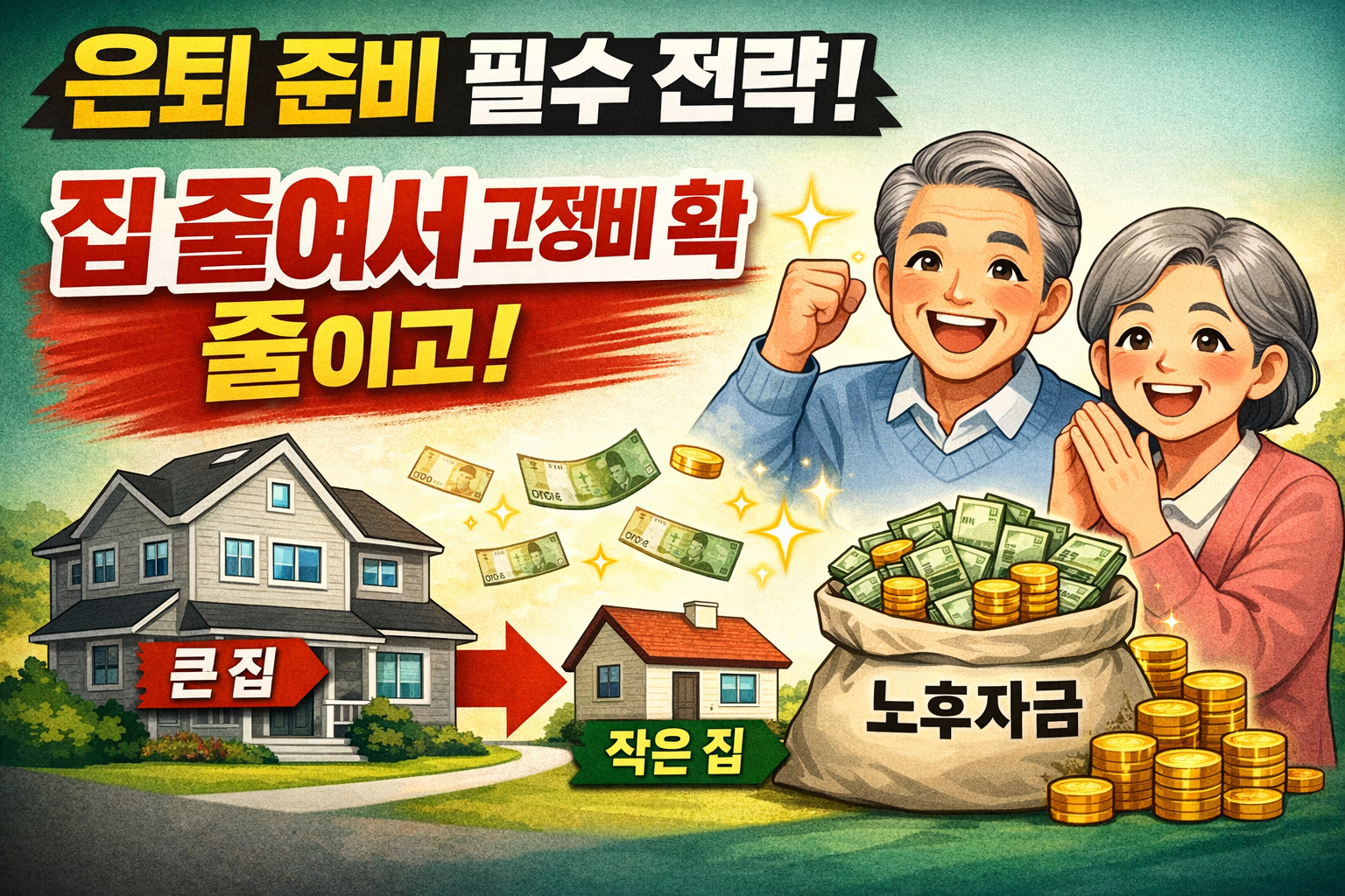 중년 부부가 은퇴 준비로 기존에 살던 집을 줄여서 고정비를 확 줄이고 현금 흐름을 만들어 기뻐하고 있다.