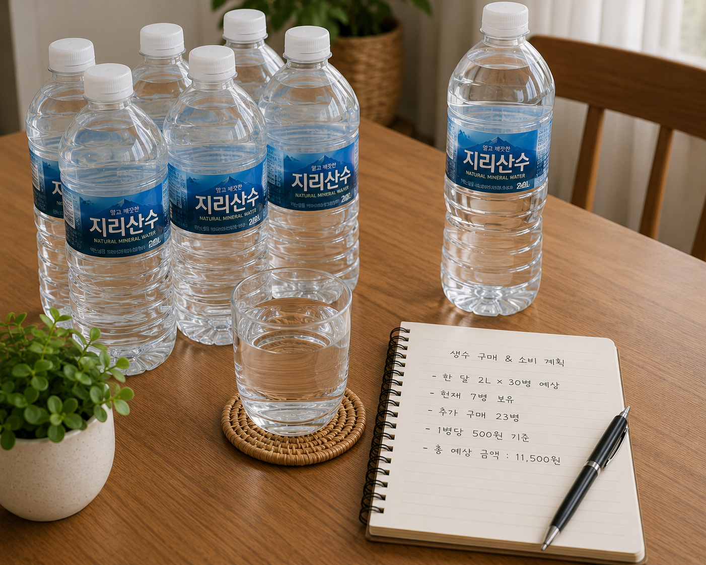 생수 여러 병과 물컵, 메모장이 식탁 위에 놓여 있는 모습