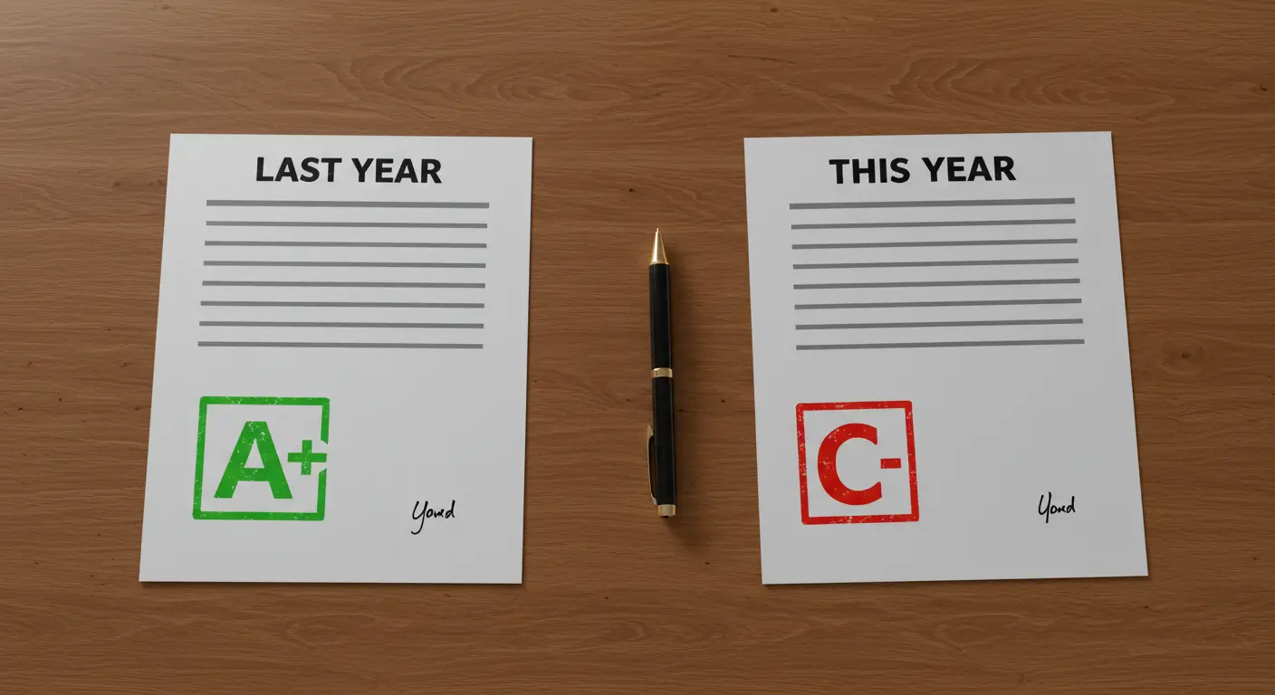 1년 전과 현재의 신용 등급이 하락한 것을 보여주는 상징적인 금융 성적표