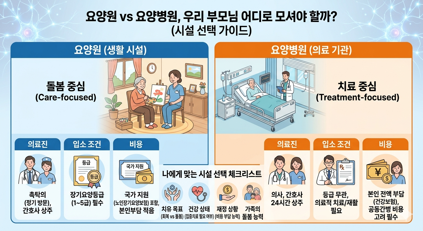 요양원 vs 요양병원, 우리 부모님 어디로 모셔야 할까? (차이점 및 준비물 체크리스트)