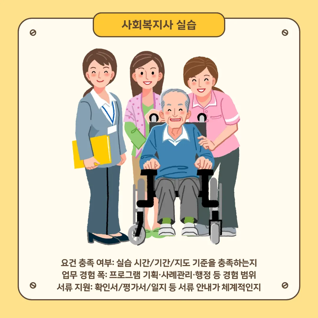 사회복지사 되는 법에서 2급 실습기관을 선택할 때 요건 충족 여부와 업무 경험 폭, 서류 지원을 확인하는 안내 이미지