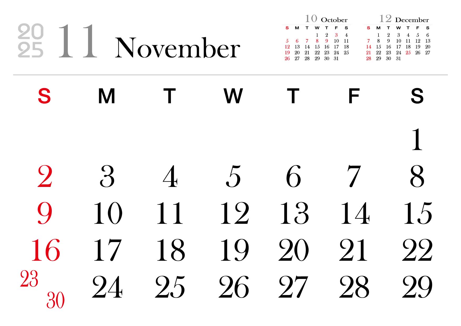 2025년 11월 달력