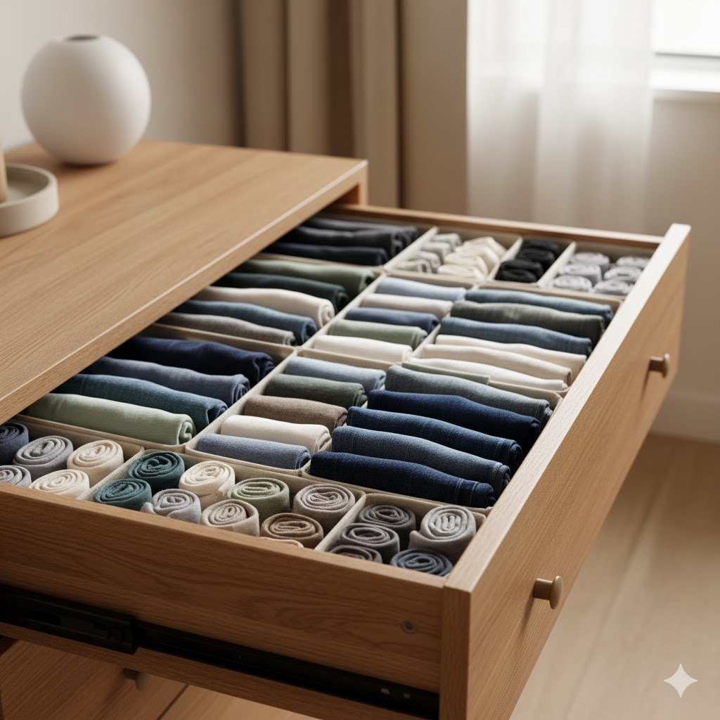 서랍 속 옷들이 세워져 깔끔하게 정리된 모습
