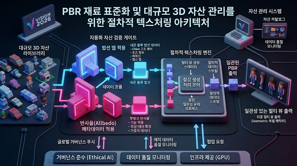 물리 기반 렌더링(PBR) 표준 프로토콜과 절차적 텍스처링 알고리즘을 통해 수만 개의 3D 에셋의 시각적 일관성을 자동화하는 구조