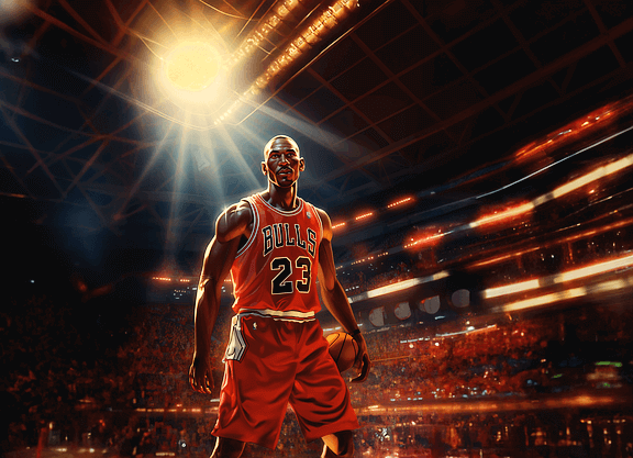 빨간 유니폼을 입은 마이클 조던이 농구장에 서서 농구공을 든채 서 있다. 관객들이 꽉찬 경기장이다.