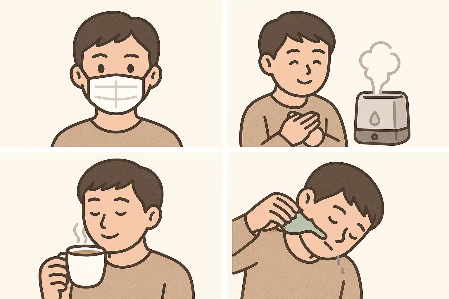마스크 착용, 가습기 옆에서 생활, 따뜻한 차 마시는 사람, 코 세척하는 장면