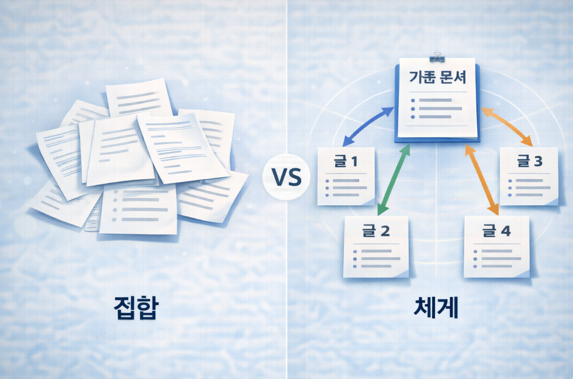 무작위 집합과 체계 구조를 대비한 블로그 구조 이미지