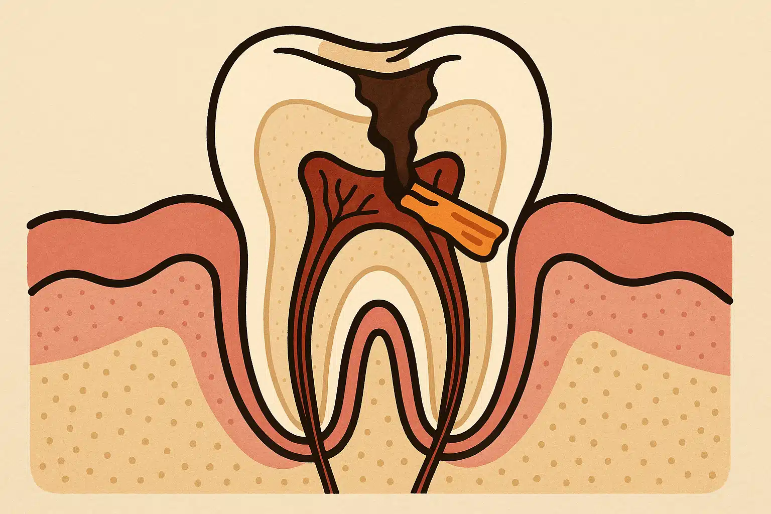 갈색 또는 검은색으로 변한 충치가 상아질까지 깊게 파고든 모습, 음식물이 끼어 불편한 상황