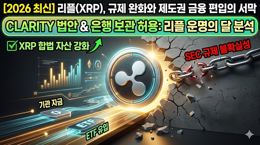 2026년 리플(XRP) 규제 완화와 제도권 금융 편입의 서막을 알리는 썸네일. CLARITY 법안과 은행 보관 허용 문구가 포함된 자극적인 금융 정보 이미지로, 빛나는 XRP 코인이 장벽을 뚫고 상승하는 모습