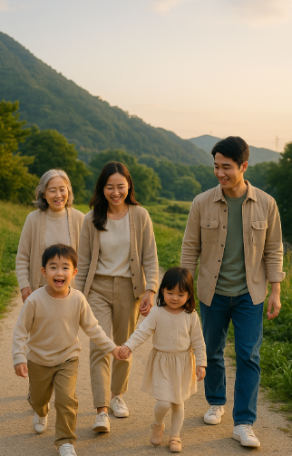 한적한 산책로를 걷고 있는 가족 모습