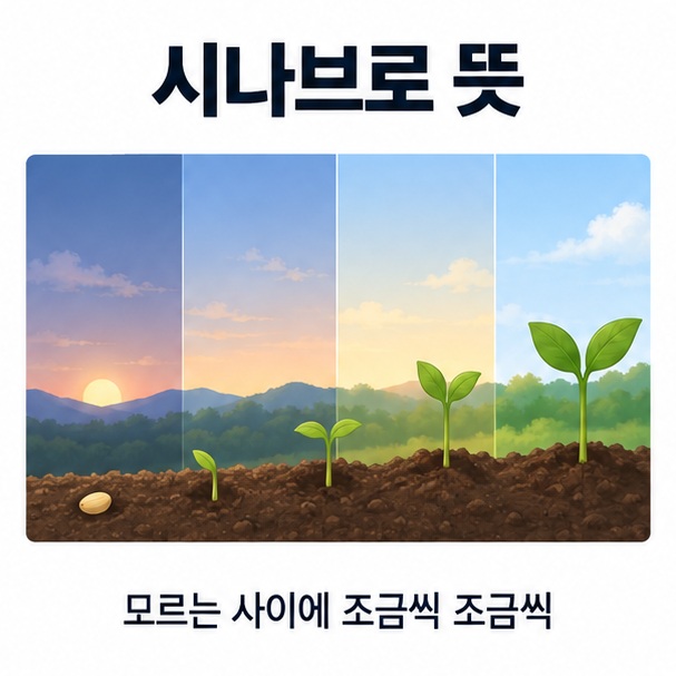 천천히 밝아지는 하늘과 자라는 새싹을 배경으로 시나브로 뜻이라는 글자가 중앙에 놓인 우리말 학습 인포그래픽