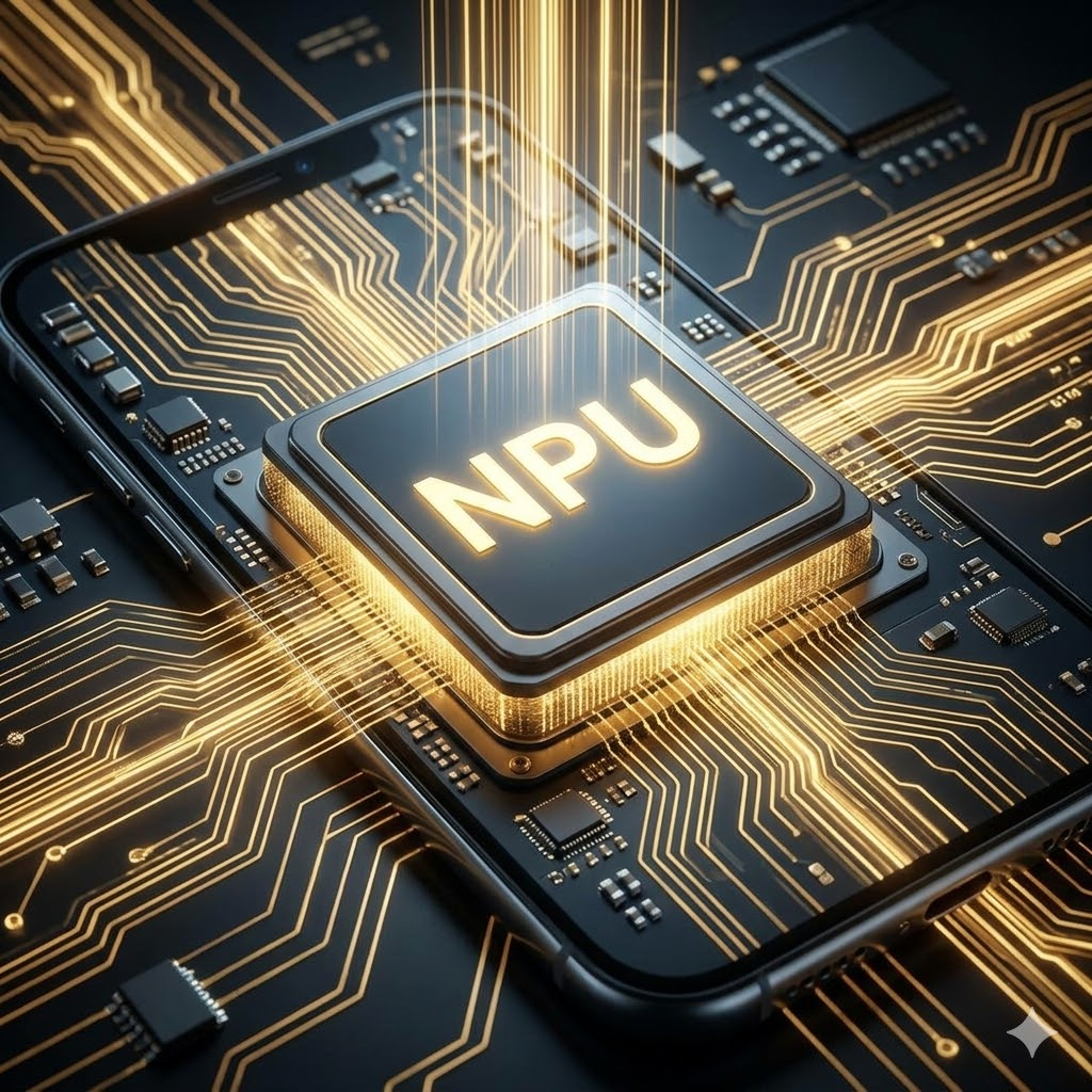 A prestigious 1:1 financial illustration showing a massive, glowing Neural Processing Unit (NPU) at the center of a sophisticated smartphone circuit board. Golden data streams are flowing directly into the hardware, symbolizing the shift from cloud software to edge computing.