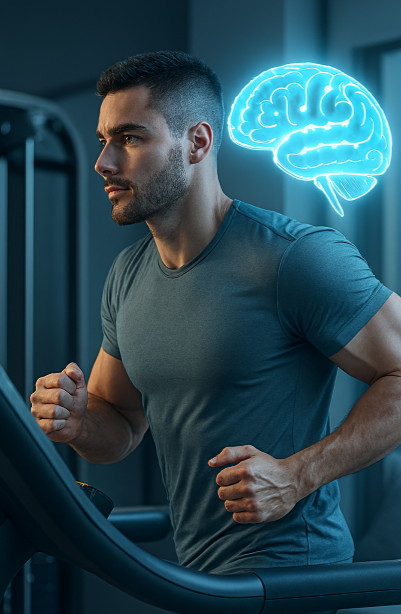 런닝머신에서 운동하는 한 남성 옆에 빛나는 뇌 일러스트가 함께 배치되어 있는 장면