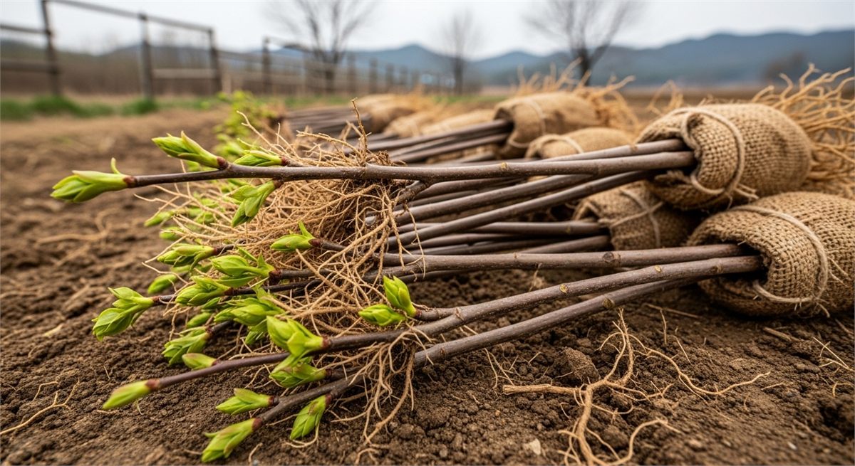 봄 식재를 앞둔 두릅나무 묘목을 가까이에서 보여주는 장면