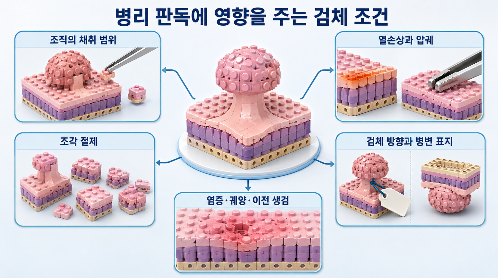 병리 판독에 영향을 주는 조직 채취 범위·조각 절제·열손상·압궤·검체 방향·염증과 이전 생검 조건