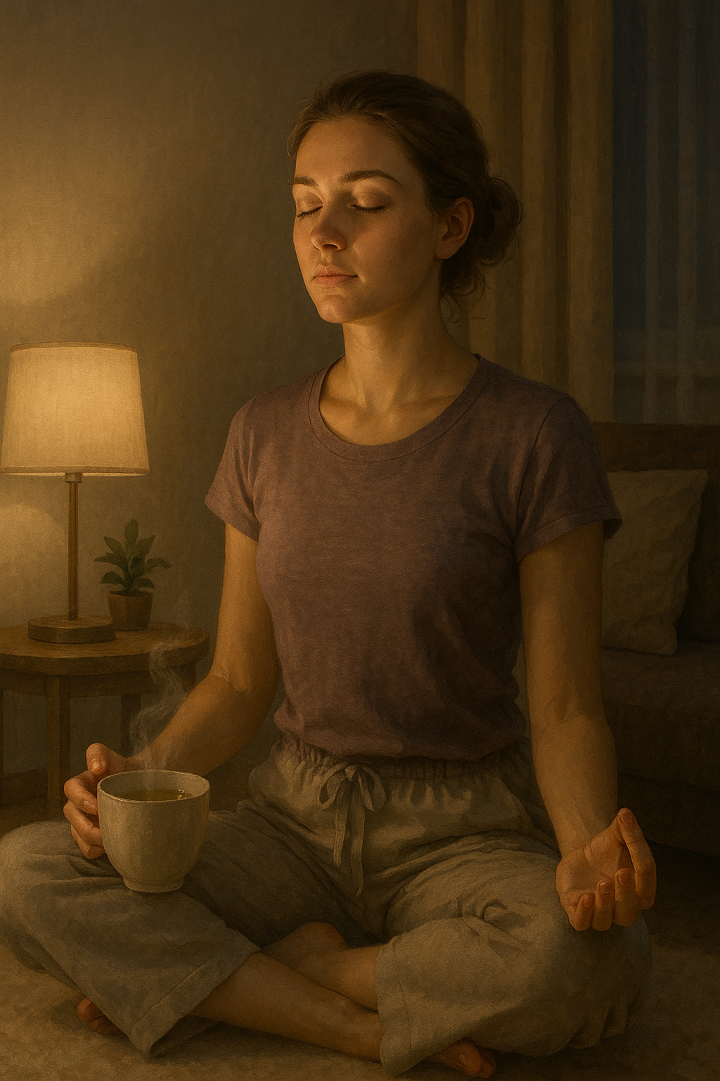 잠들기 전 허브티를 마시며 조용히 명상하는 여성