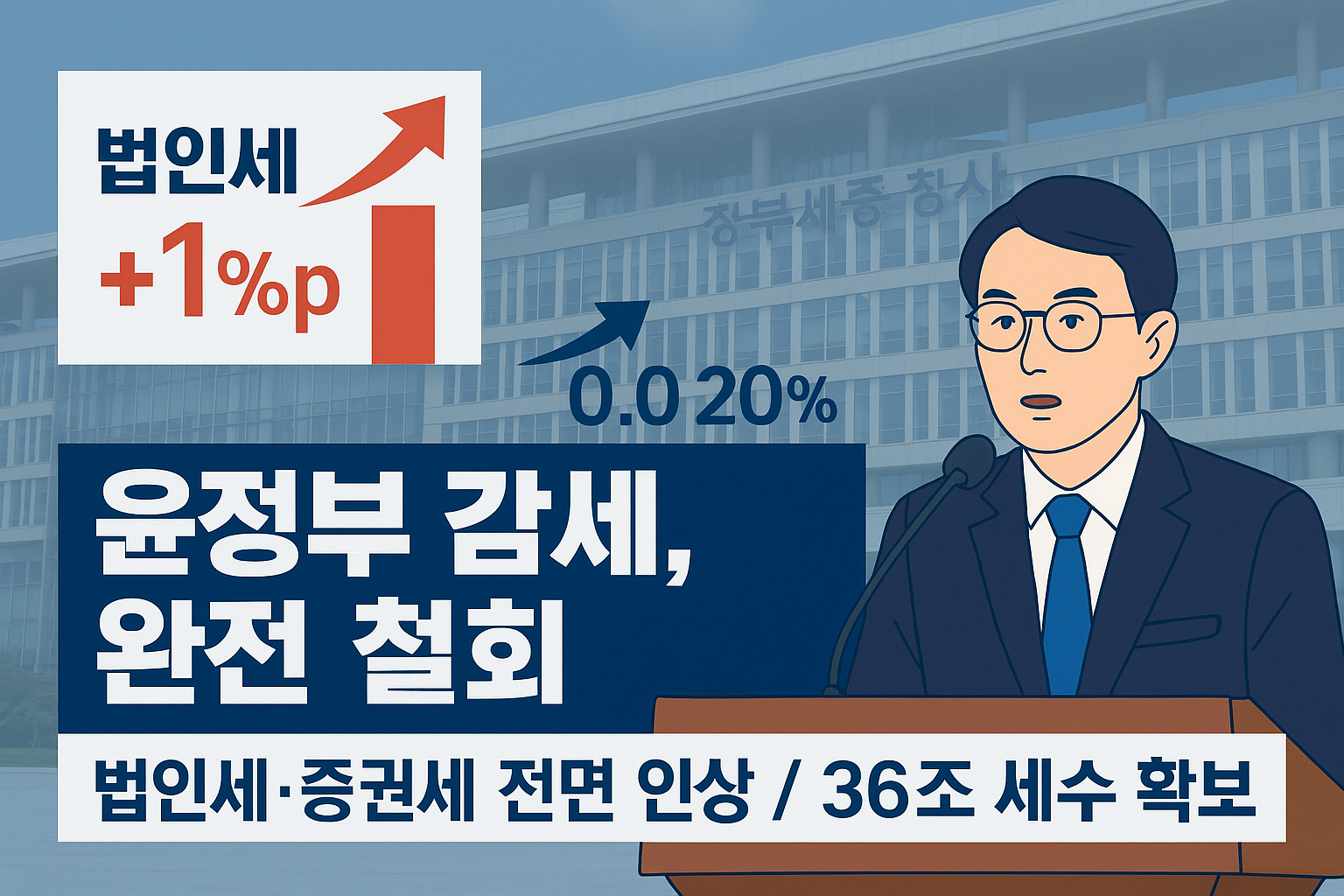 법인세와 증권거래세가 인상되었음을 설명하는 공무원의 모습을 표현한 일러스트