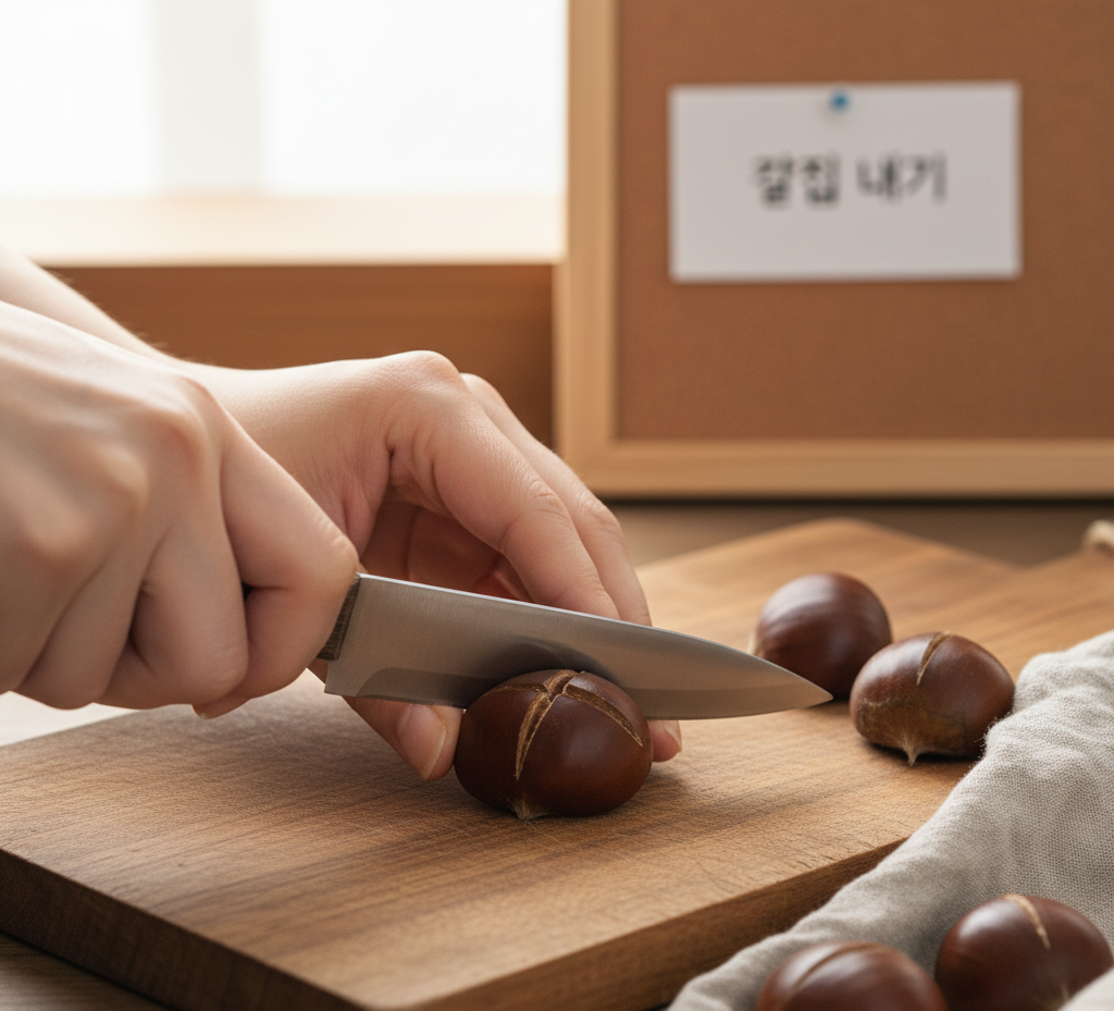 칼집 내는 법, 나무 도마 위에서 밤에 십자 모양 칼집 내는 모습