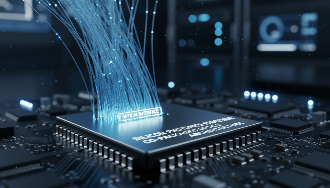 반도체 칩에 직접 연결되는 푸른빛의 광섬유 케이블과 실리콘 포토닉스 칩셋