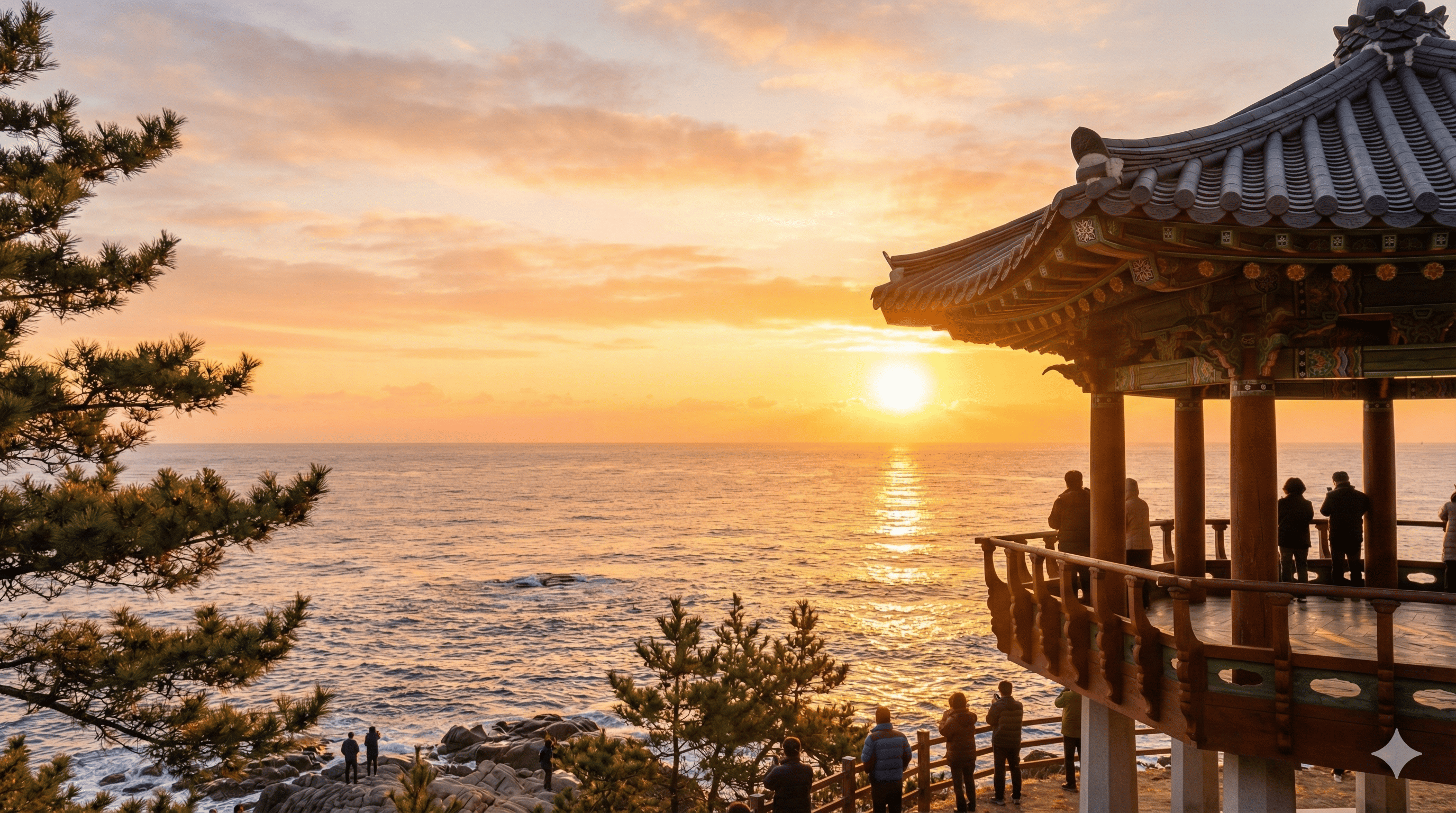 울진 망양정 정자에서 바라본 탁 트인 동해 바다와 일출 전경