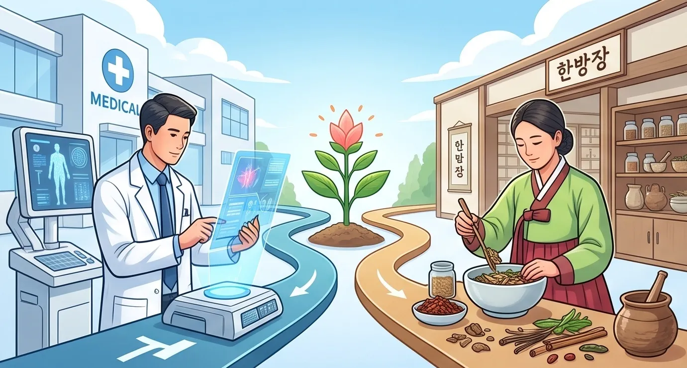 좌측의 첨단 의료 기기로 분석하는 양의사와 우측의 한약을 조제하는 한의사를 대비한 양방 한방 치료 비교 이미지