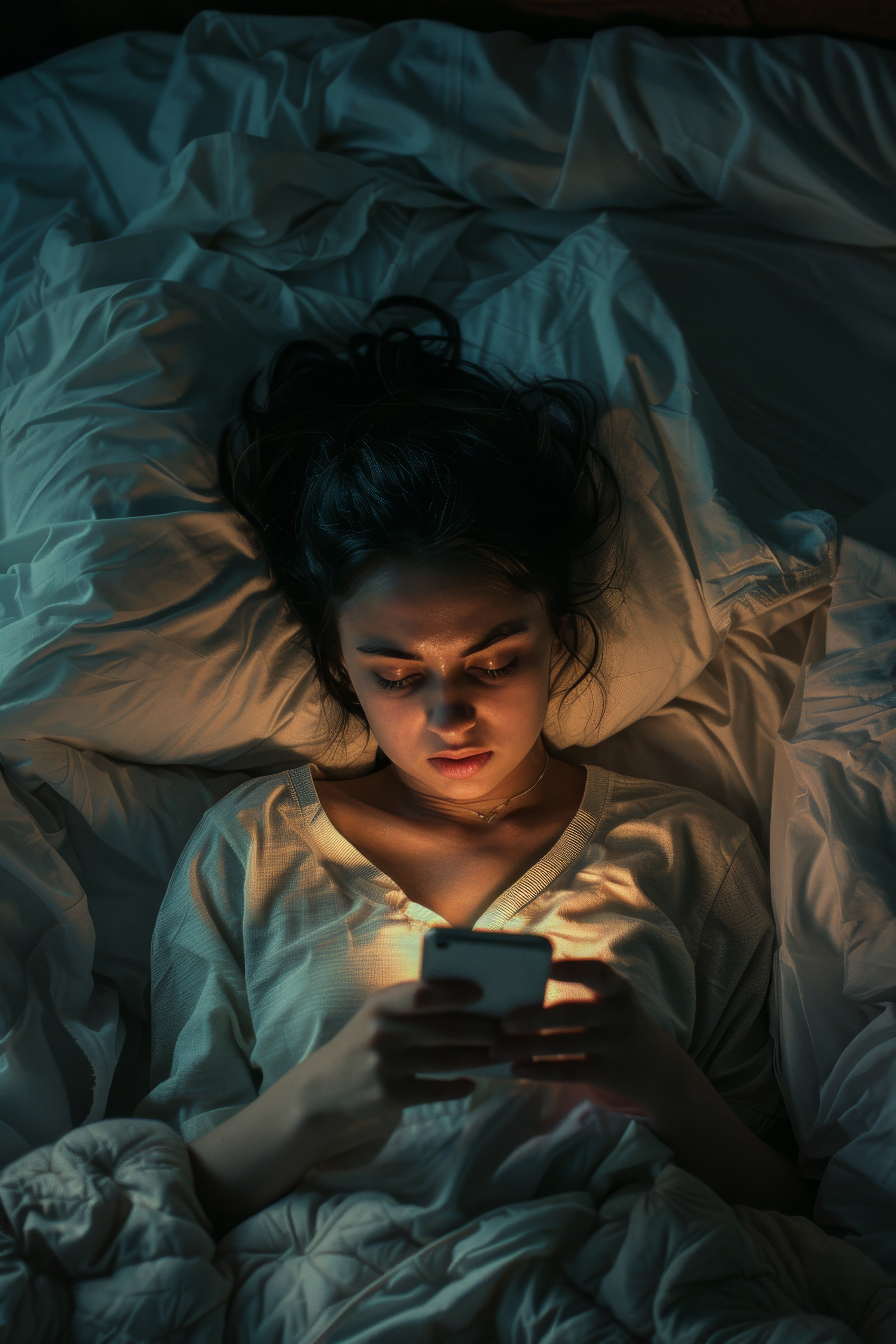 어두운 침실에서 침대에 누워 스마트폰을 보고 있는 여성. 스마트폰 화면의 밝은 빛이 얼굴을 비추며, 집중해서 화면을 들여다보고 있는 모습